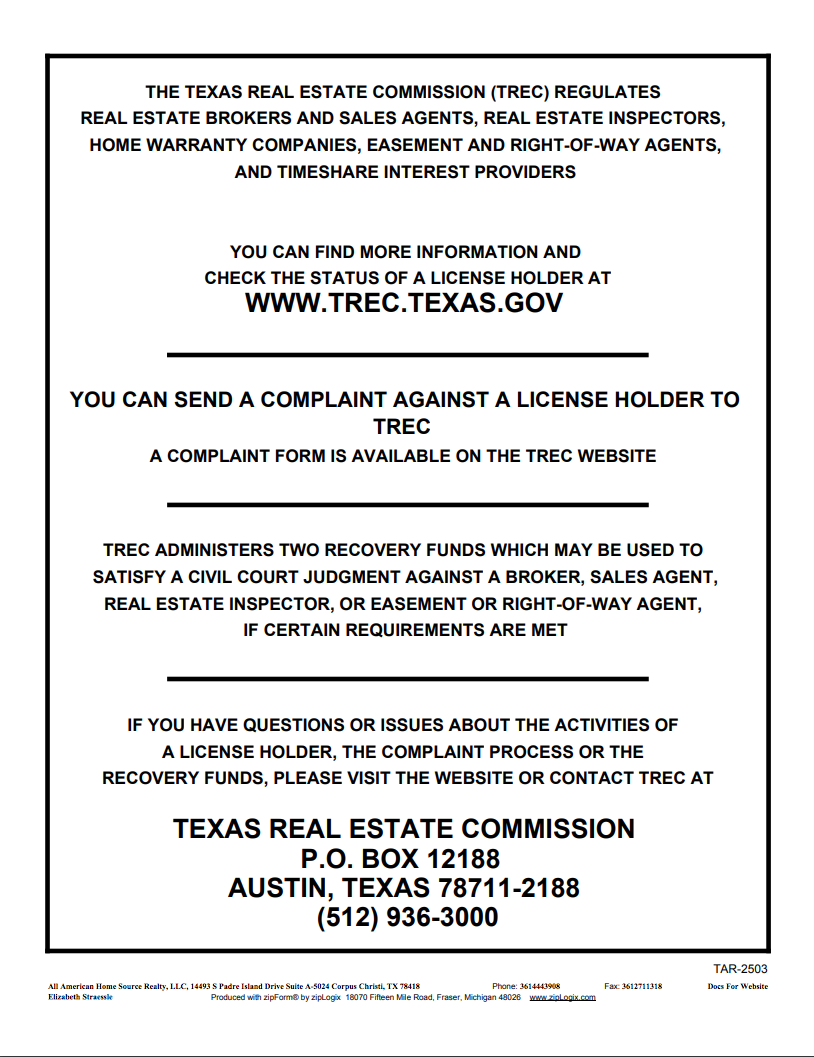 Texas Real Estate Commission Consumer Protection Notice All American